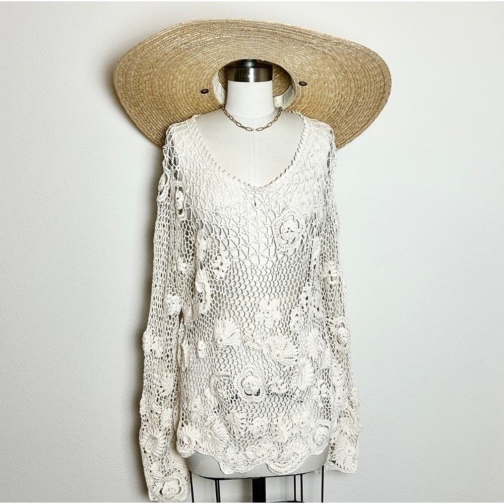 Ralph Lauren Collection Ivory Floral Crochet Cotton Sweater XL NWT Bateau Neck